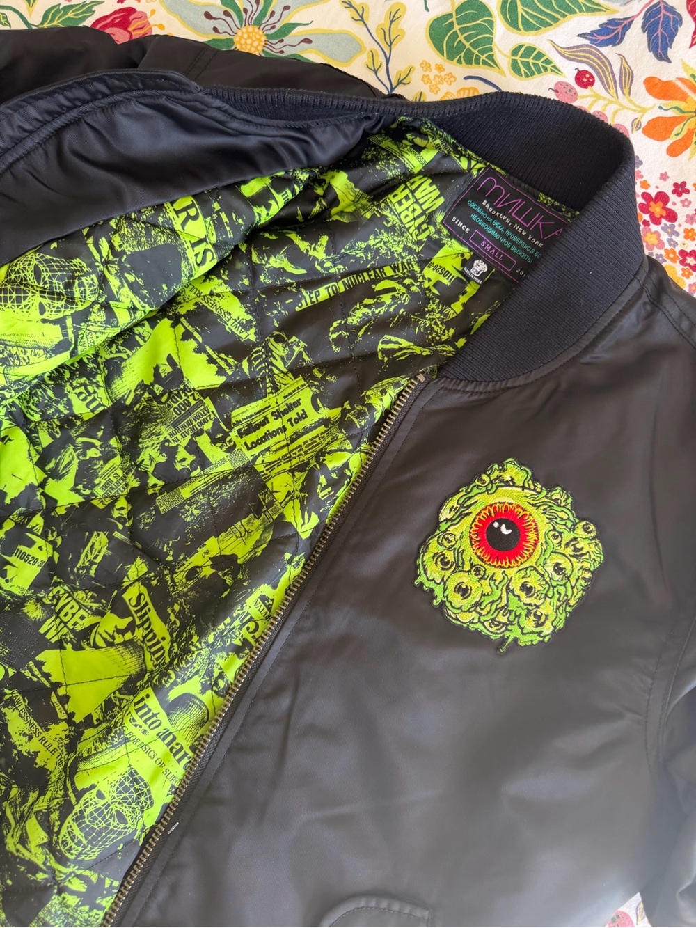 Mishka Black Jacket with Neon Green & Red Eyeball Patch Small